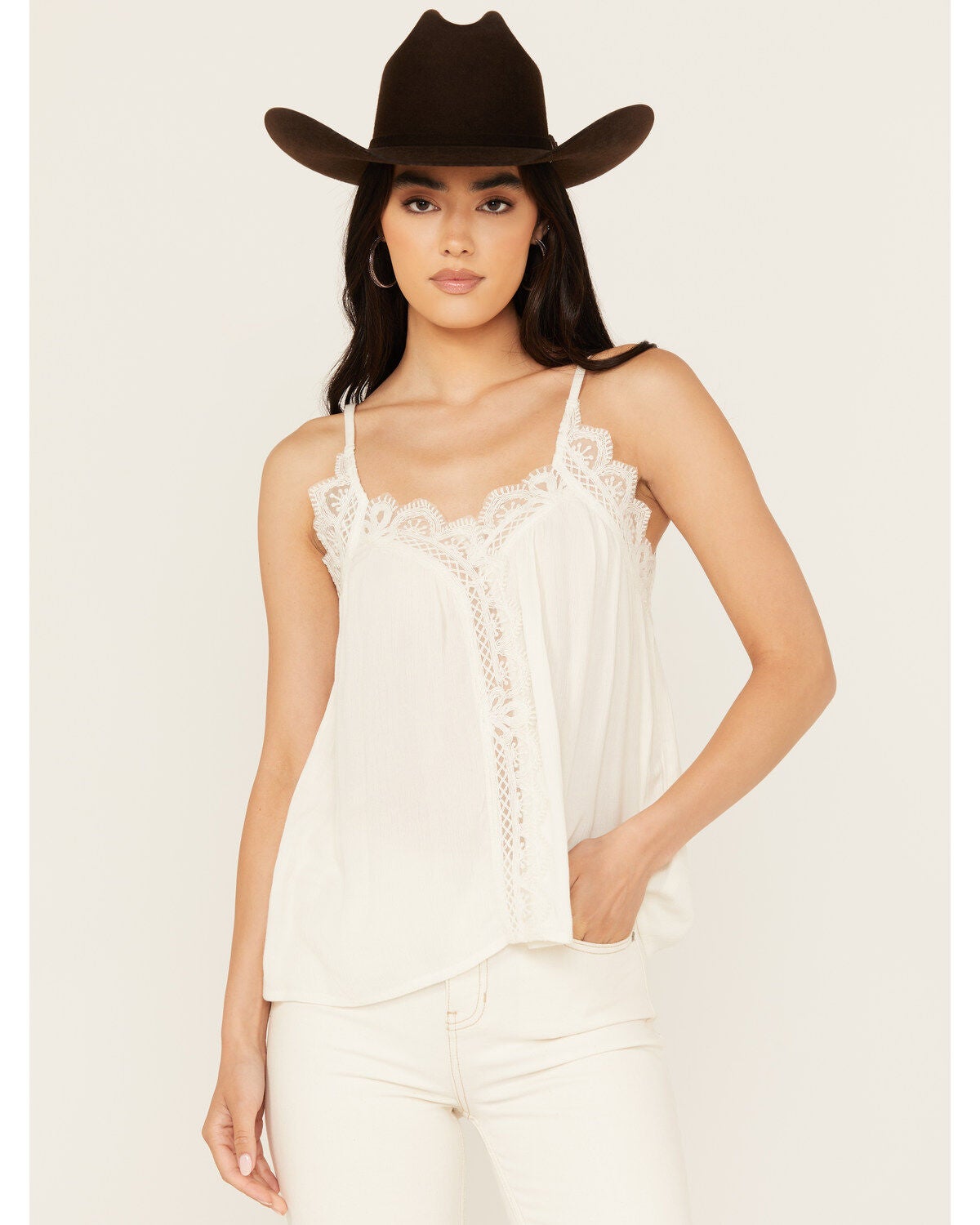 Shyanne Women's Lace Trim Cami, Cream, hi-res