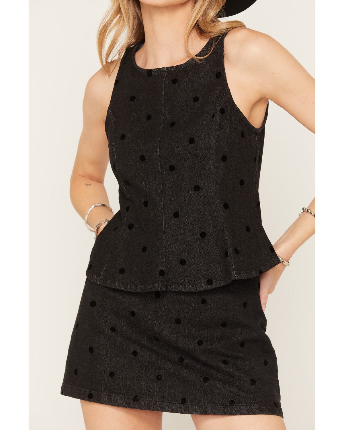 Image #3 - Cleo + Wolf Women's Polka Dot Denim Sleeveless Peplum Top, Black, hi-res