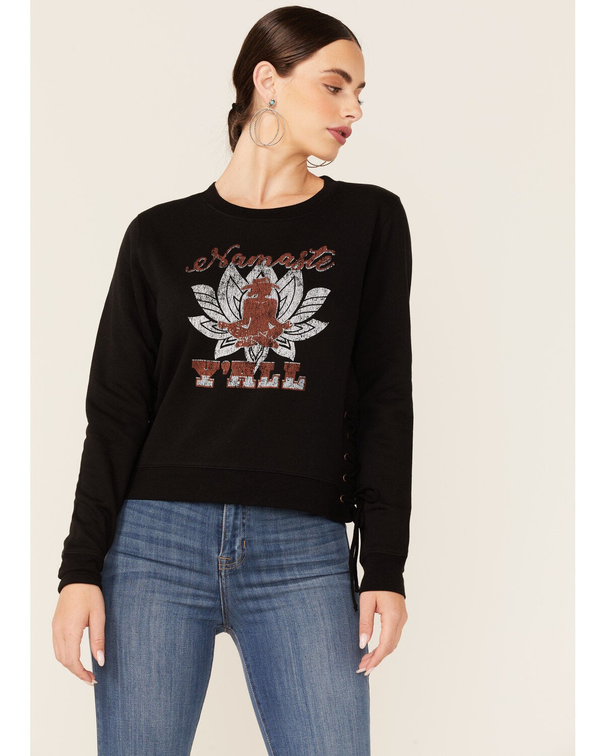 Shyanne Women's Namaste Yall Side Lacing Long Sleeve Graphic Sweatshirt, Black, hi-res