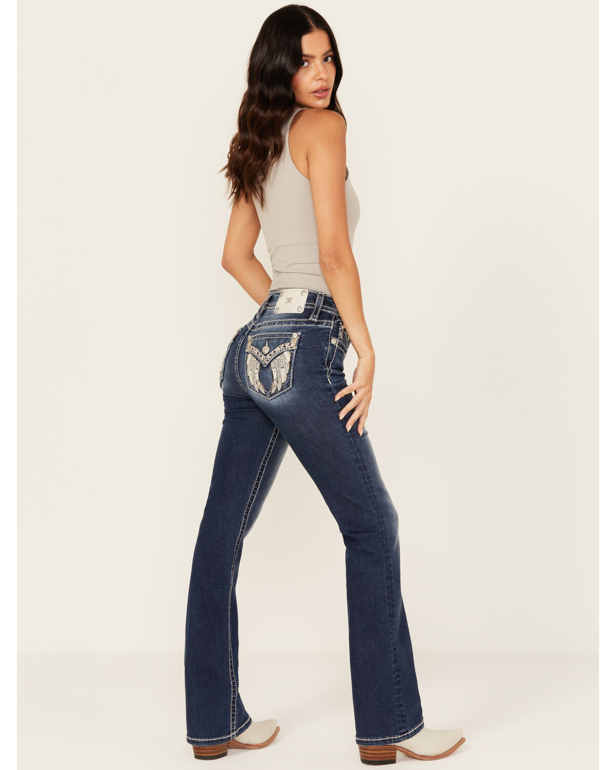Image #1 - Miss Me Women's Dark Wash Mid Rise Winged Pocket 32" Bootcut Stretch Denim Jeans, Dark Wash, hi-res