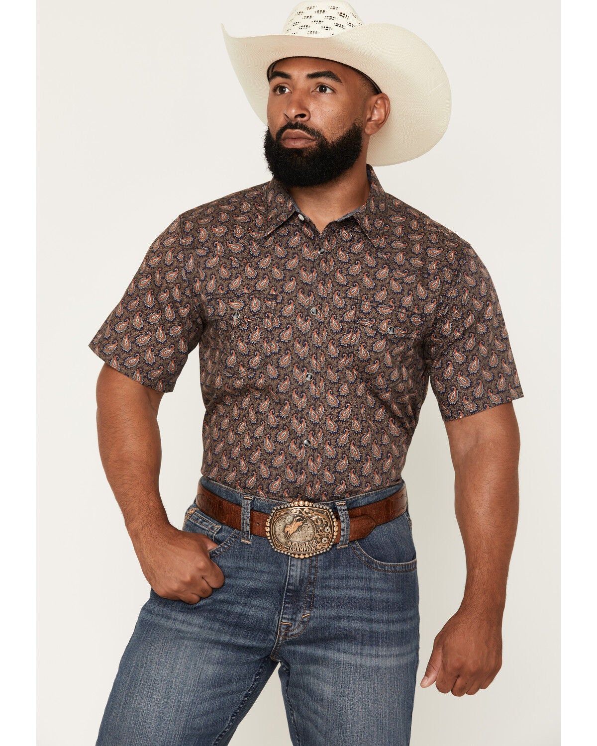 Image #1 - Cody James Men's 2 Step Paisley Print Short Sleeve Snap Western Shirt, Navy, hi-res
