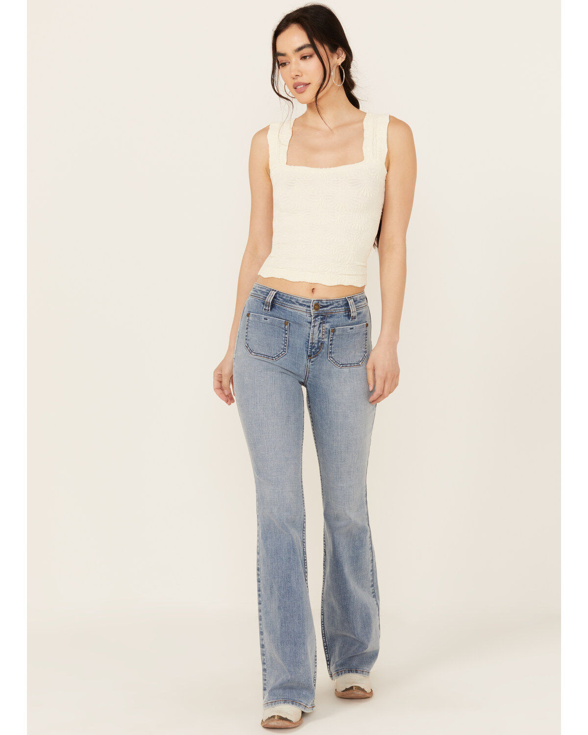 Image #1 - Shyanne Women's Luna Medium Wash High Rise Patch Pocket Flare Comfort Stretch Denim Jeans, Medium Wash, hi-res