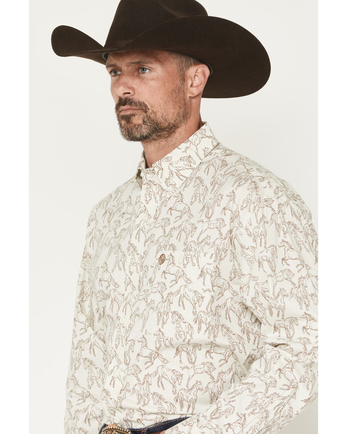 Image #2 - George Strait by Wrangler Men's Horse Print Long Sleeve Button-Down Stretch Western Shirt - Big, Tan, hi-res