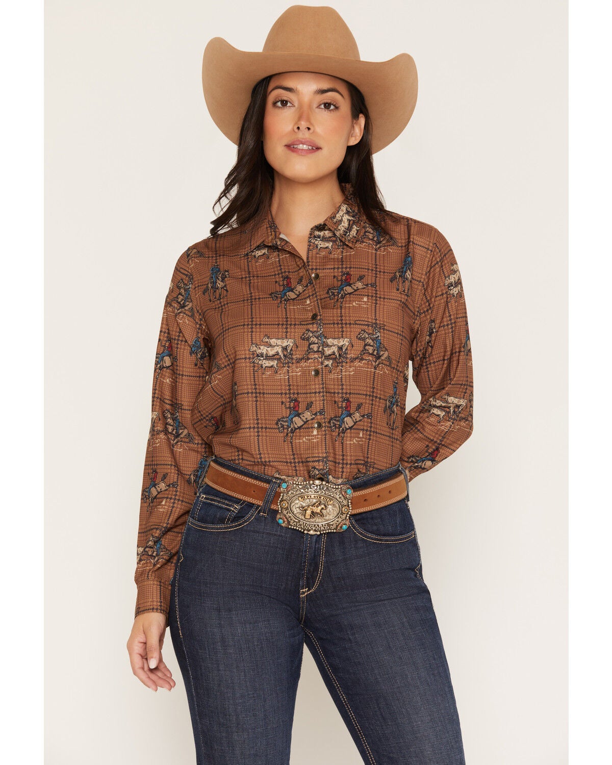 Ariat Women's Homestyle Rodeo Plaid Print Long Sleeve Button-Down Western Shirt, Brown, hi-res