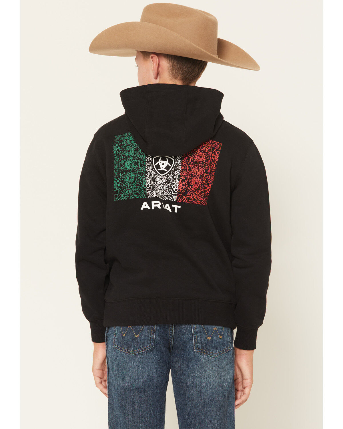 Image #1 - Ariat Boys' Boot Barn Exclusive Mexico Flag Sugar Graphic Hooded Sweatshirt, Black, hi-res