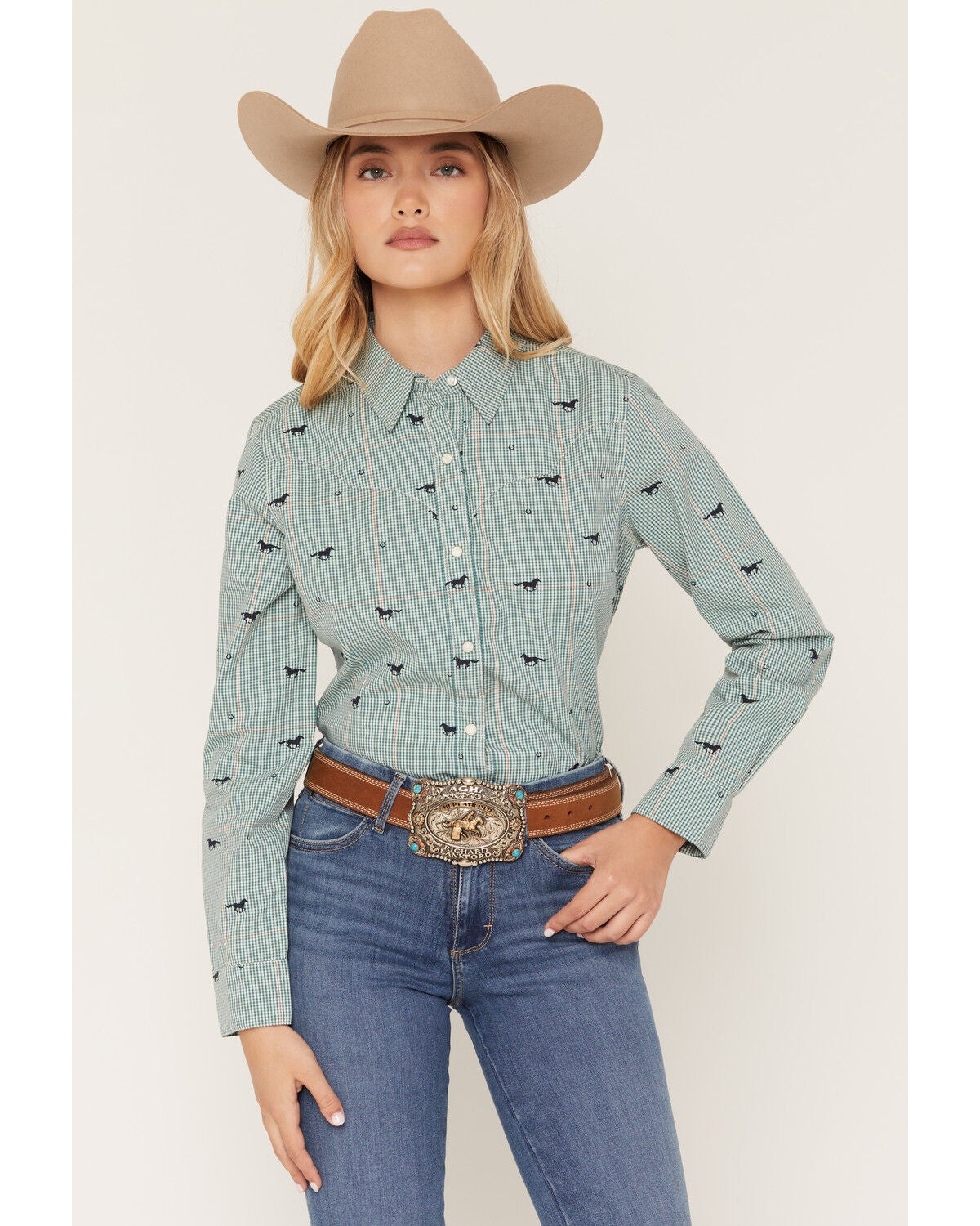 Wrangler Retro Women's Running Horse Plaid Print Long Sleeve Snap Western Shirt, Green, hi-res