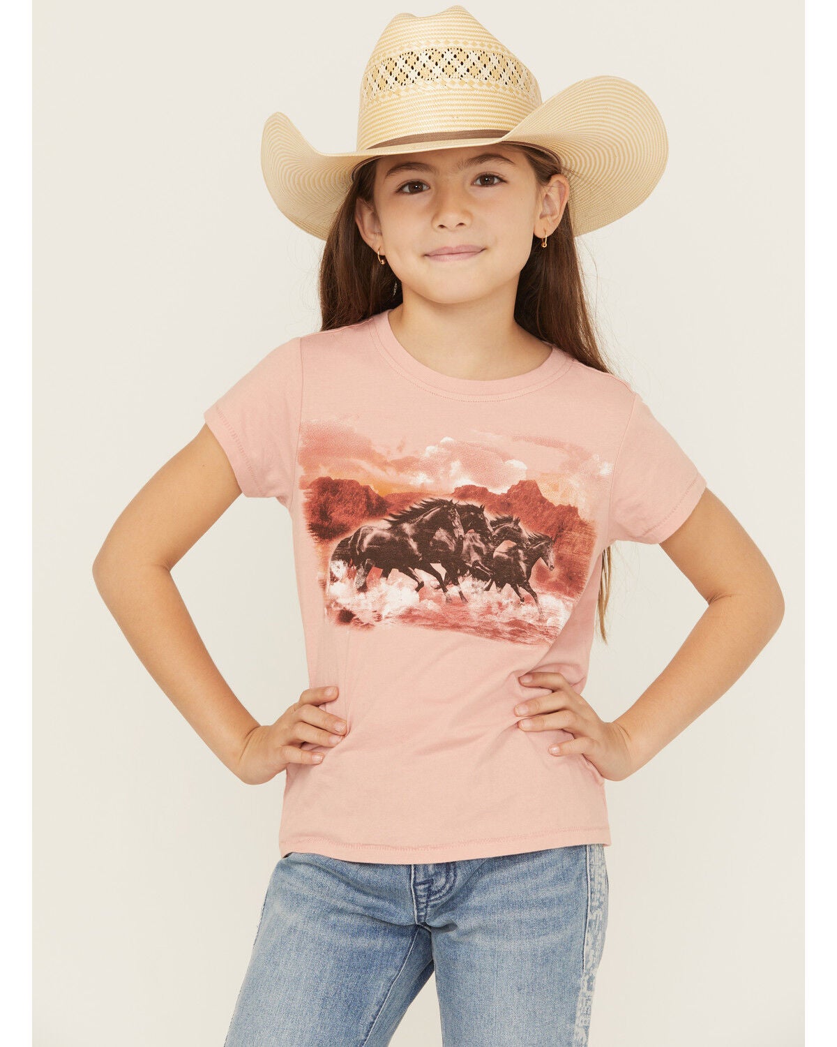 Shyanne Girls' Running Horses Short Sleeve Graphic Tee, Light Pink, hi-res