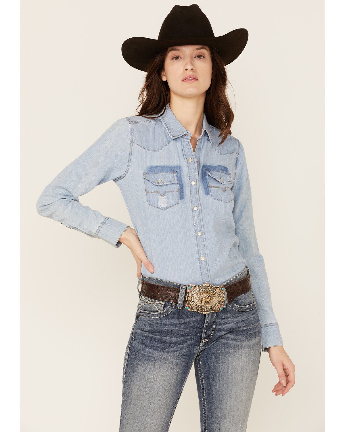 Kimes Ranch Women's Kaycee Denim Long Sleeve Western Pearl Snap Shirt, Dark Medium Wash, hi-res