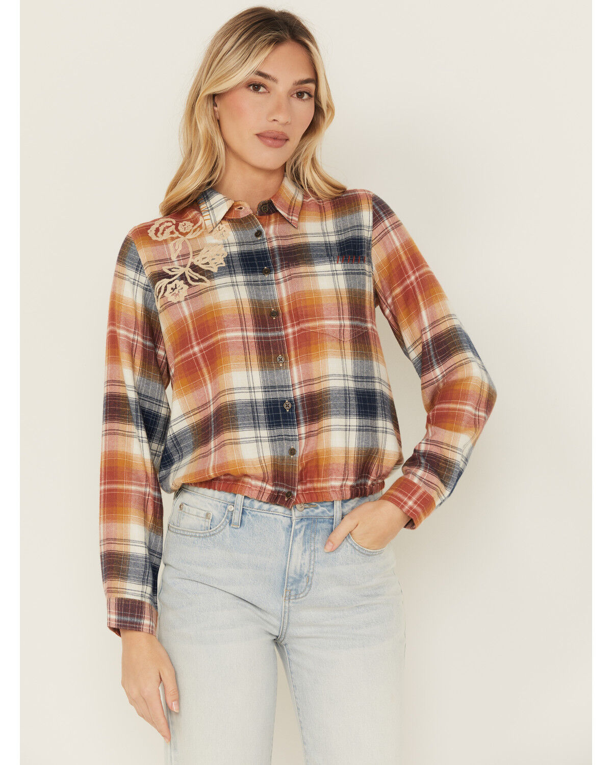 Image #1 - Cleo + Wolf Women's Embroidered Cropped Plaid Print Flannel Shirt, Lt Brown, hi-res