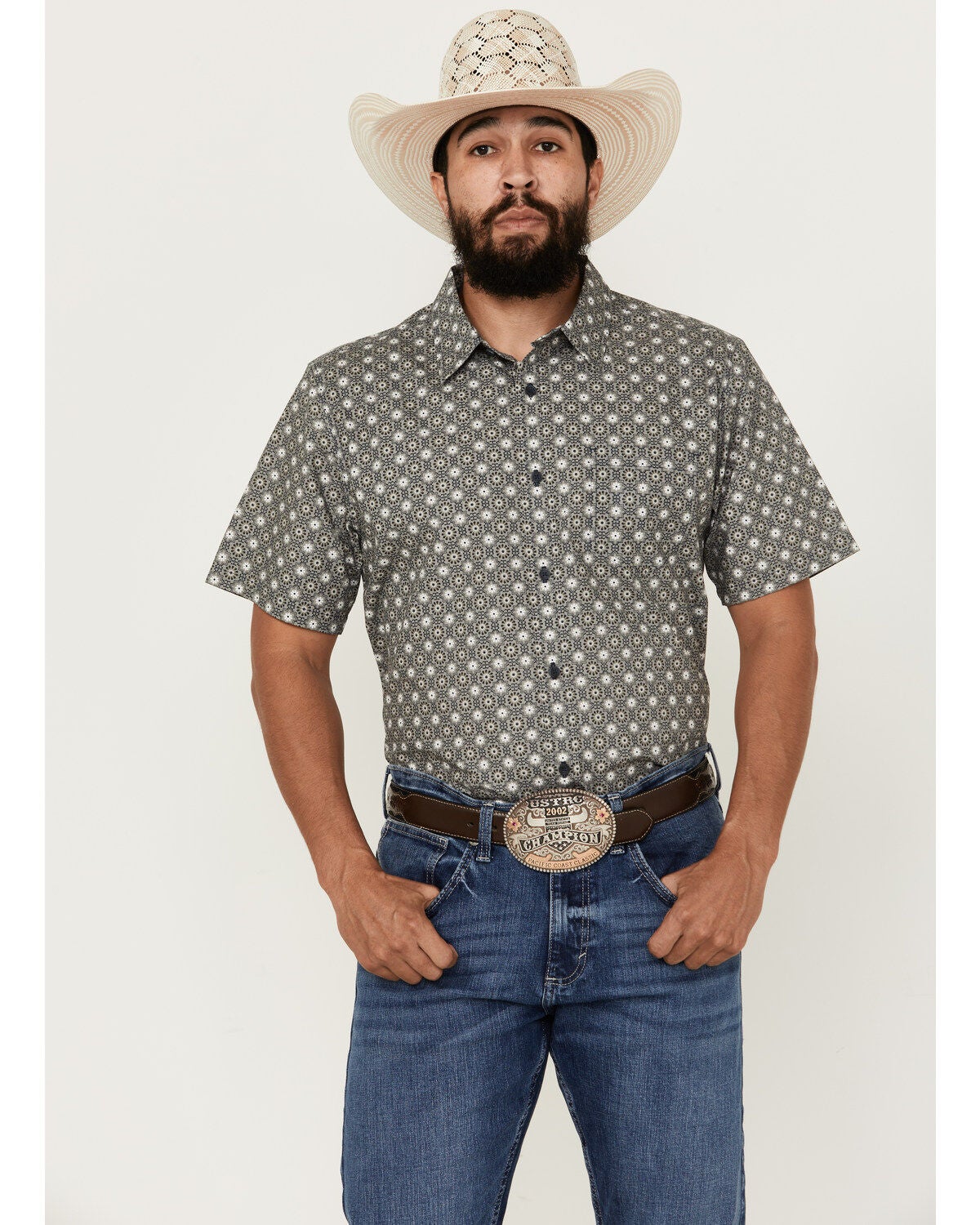 Gibson Trading Co Men's Good Time Geo Print Button-Down Short Sleeve Western Shirt, Grey, hi-res