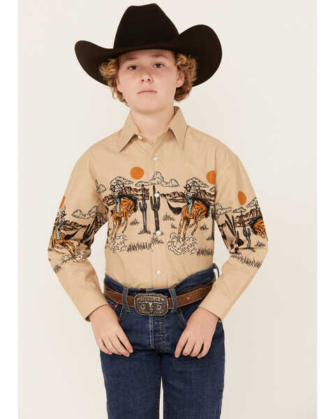 Panhandle Boys' Cowboy Border Print Long Sleeve Pearl Snap Western Shirt , Tan, hi-res