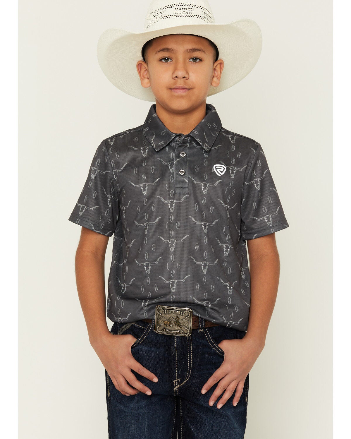 Image #1 - Rock & Roll Denim Boys' Steer Head Skull Short Sleeve Button-Down Polo, Grey, hi-res