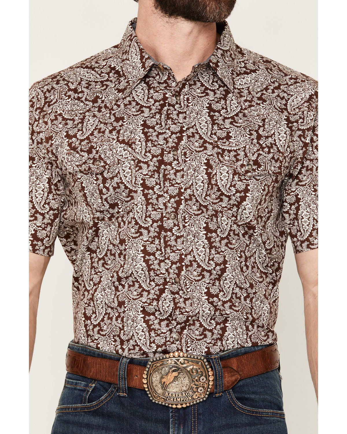Image #3 - Cody James Men's Rusted Gate Paisley Print Short Sleeve Snap Western Shirt, Brown, hi-res
