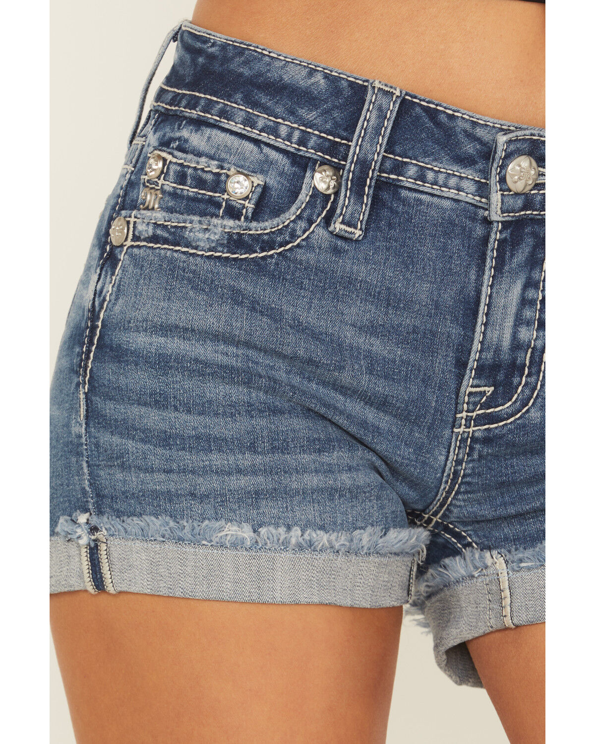 Image #4 - Miss Me Women's Medium Wash Mid Rise Longhorn Pocket Shorts, Medium Wash, hi-res