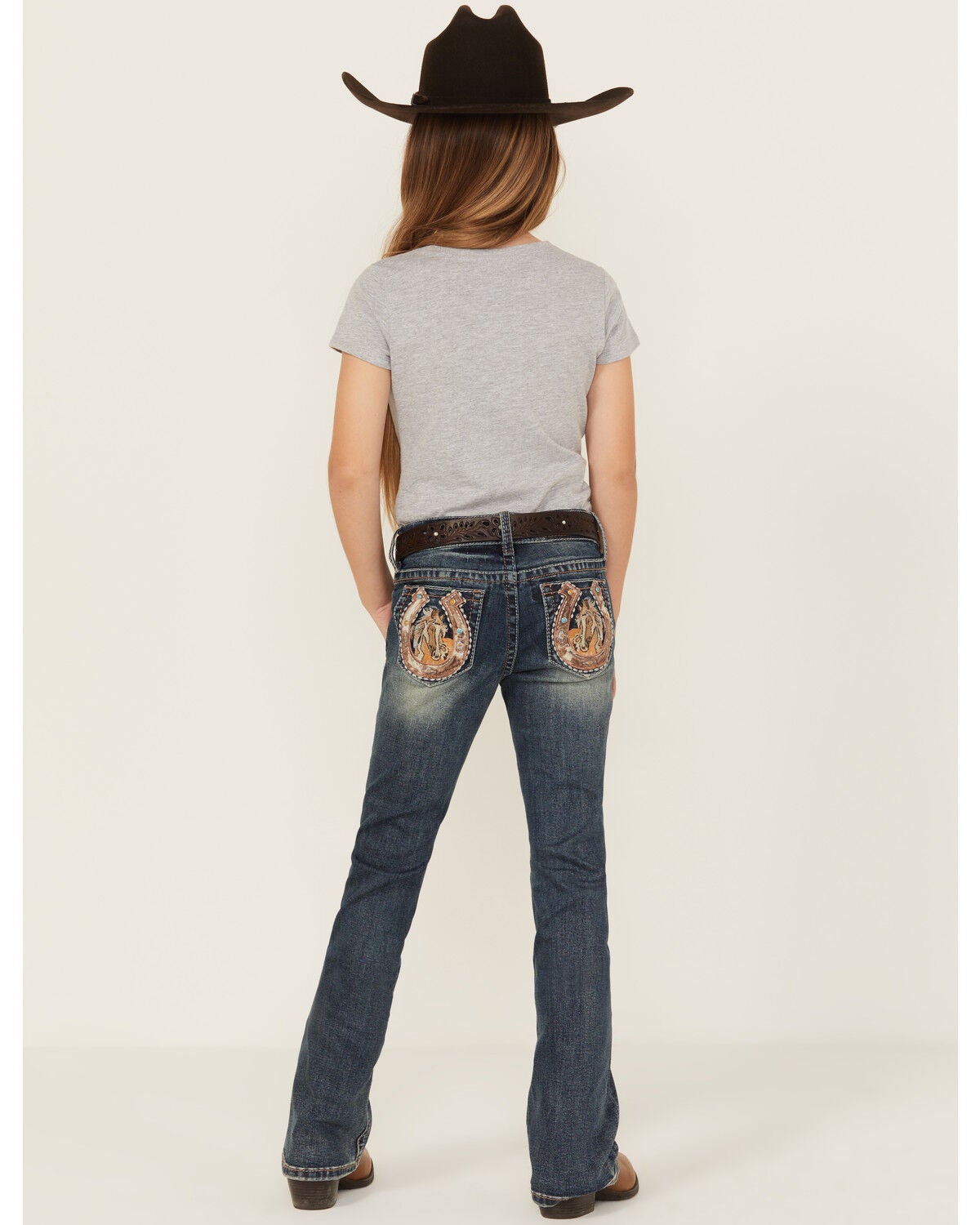 Grace In LA Girls' Cowhide Horseshoe Bootcut Stretch Denim Jeans, Blue, hi-res
