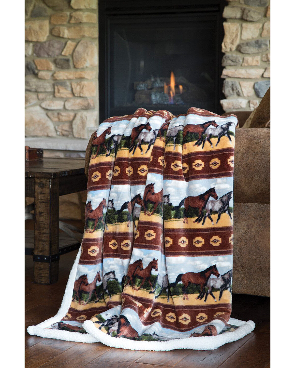 Image #1 - Carstens Home Horses Western Printed Sherpa Fleece Throw Blanket, Multi, hi-res
