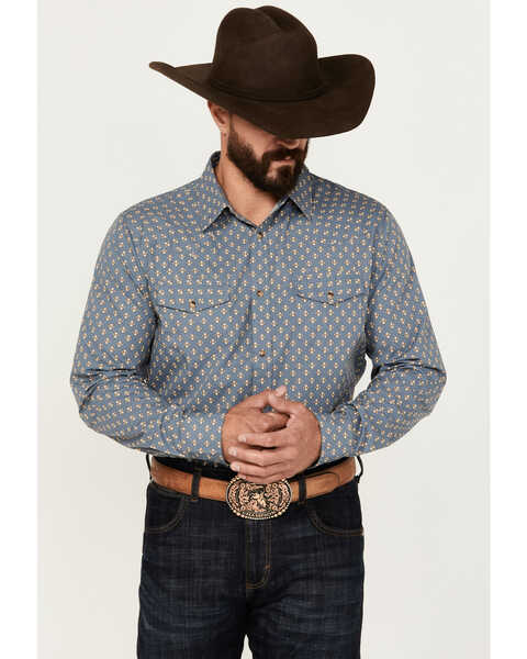 Gibson Trading Co Men's Lounge Geo Print Long Sleeve Snap Western Shirt, Steel Blue, hi-res