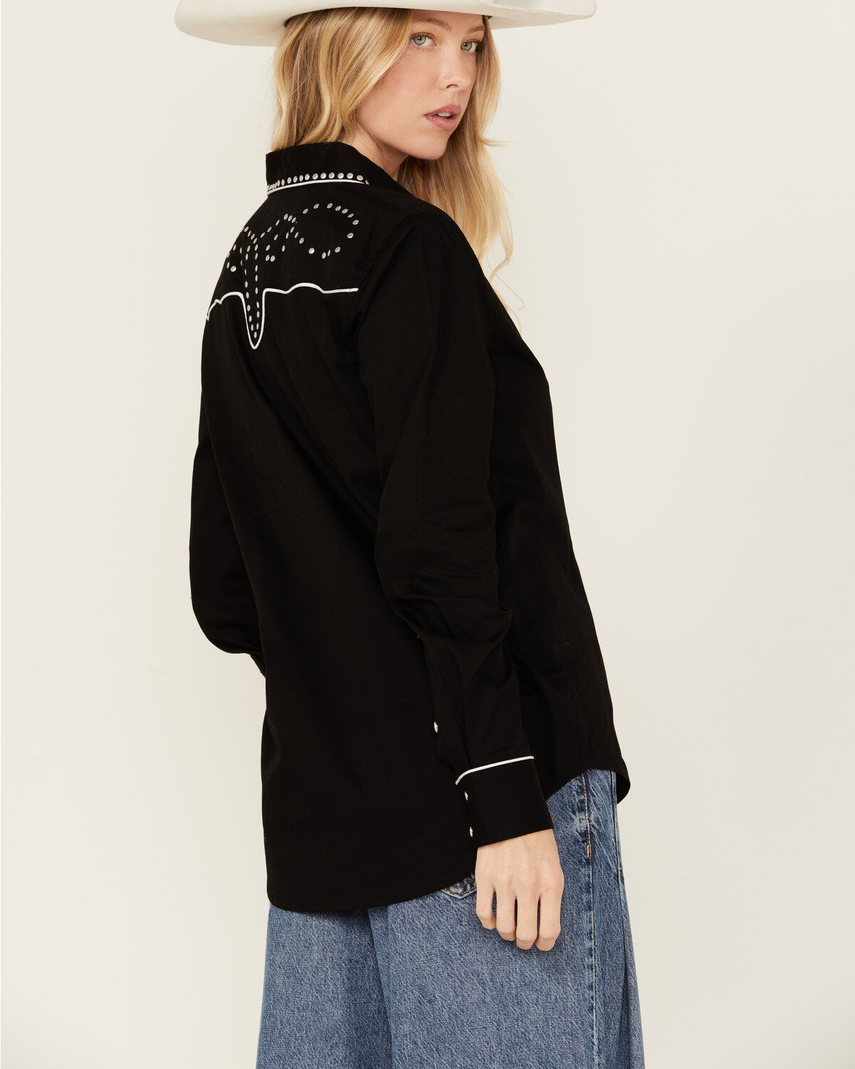 Image #4 - Panhandle Women's Retro Studded Long Sleeve Snap Western Shirt, Black, hi-res