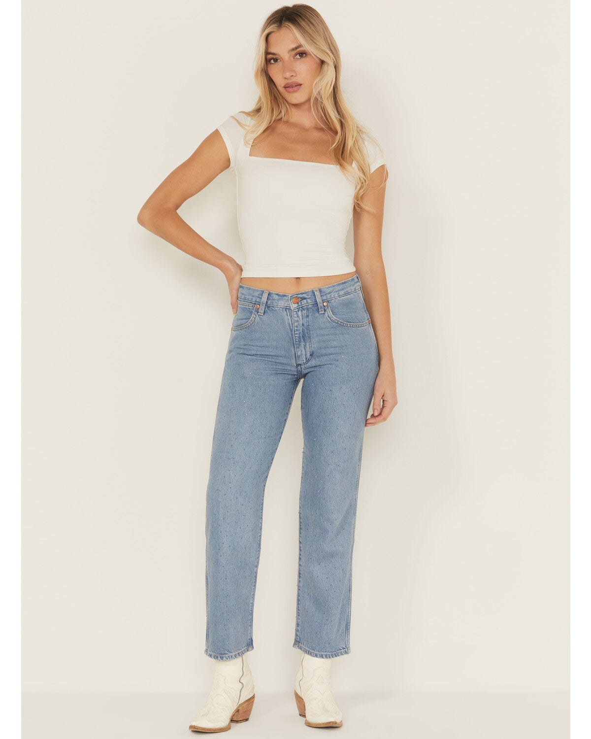 Wrangler Women's Light Wash Make It Shine Embellished Mid Rise Straight Denim Jeans, Light Wash, hi-res