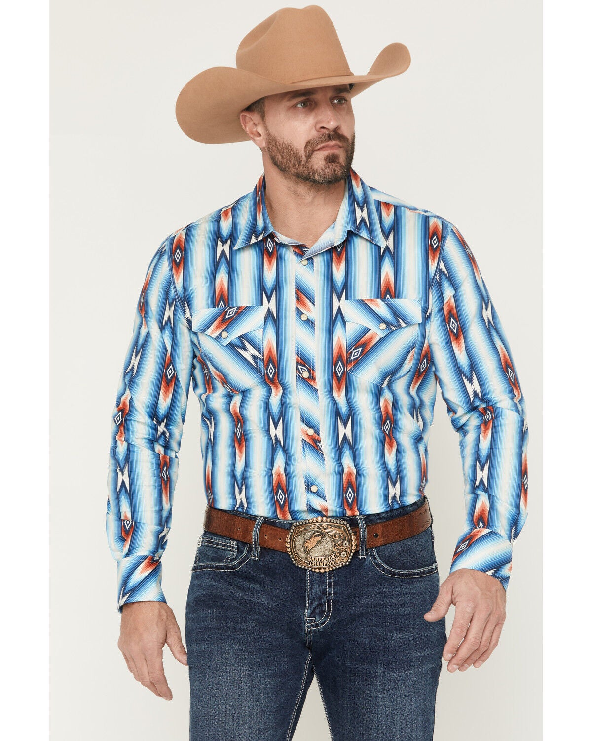 Image #1 - Rock & Roll Denim Men's Southwestern Striped Long Sleeve Snap Stretch Western Shirt, Blue, hi-res