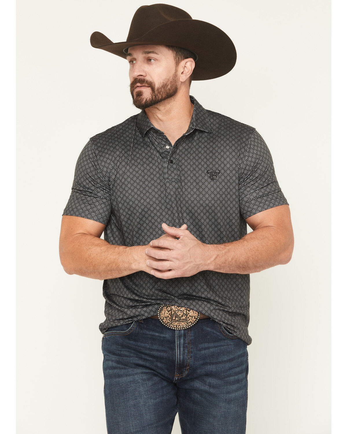Image #1 - Cowboy Hardware Men's Geo Print Short Sleeve Snap Polo, Black, hi-res