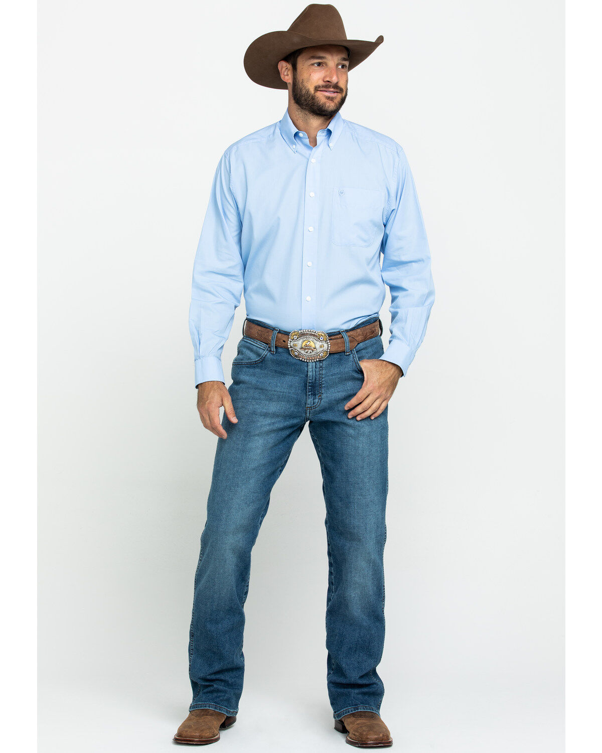 Image #6 - Ariat Men's Wrinkle Free Solid Long Sleeve Button Down Western Shirt, Light Blue, hi-res