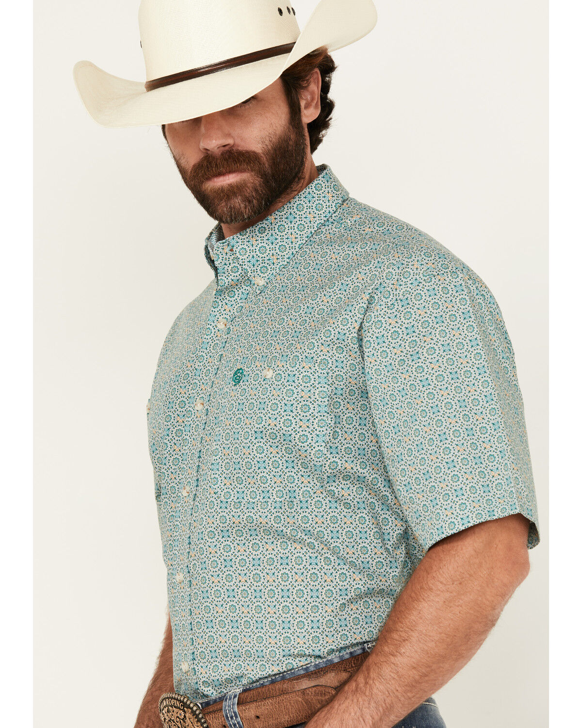 Image #2 - George Strait by Wrangler Men's Geo Print Short Sleeve Button-Down Stretch Western Shirt, Turquoise, hi-res