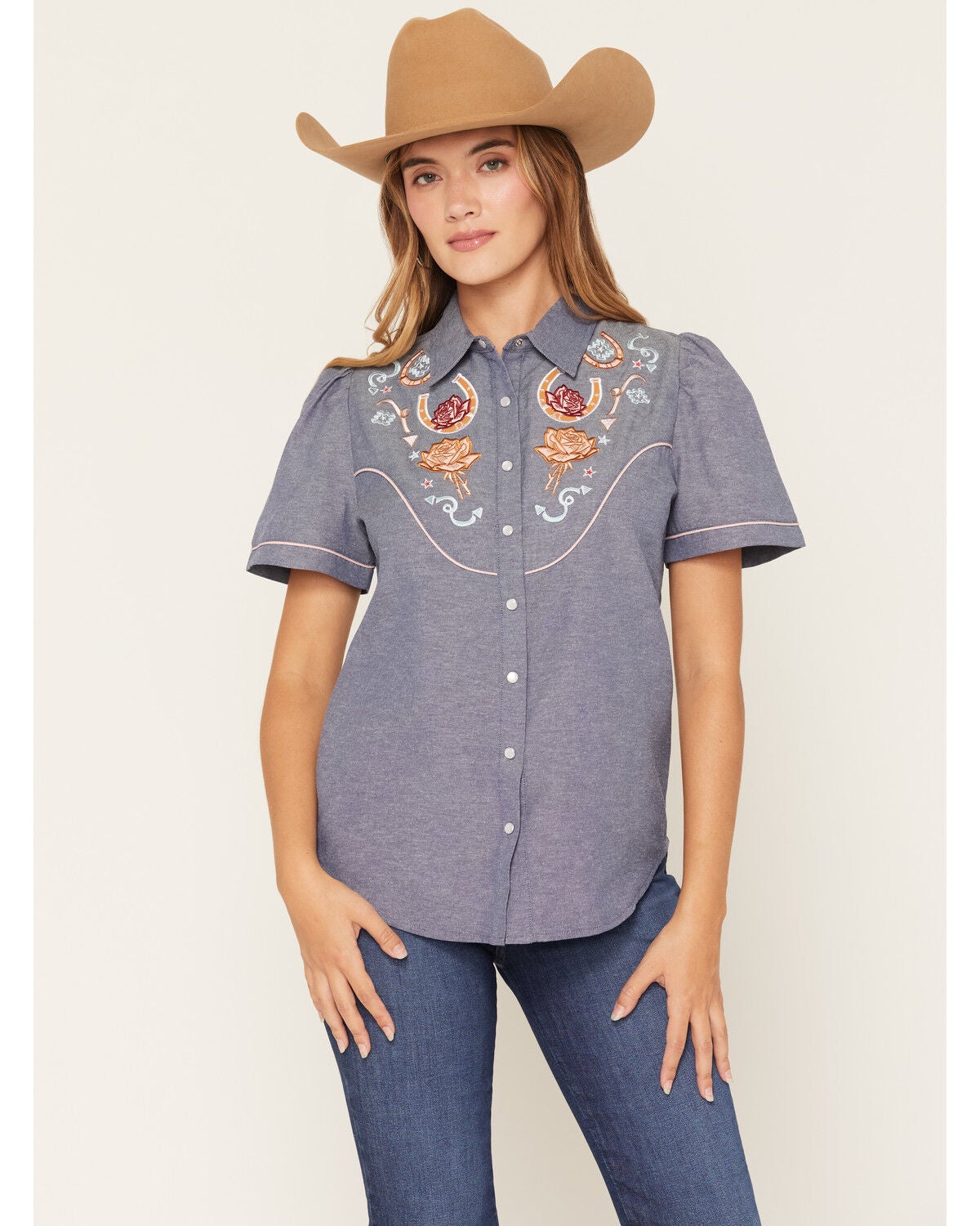 Howdy Hanny Women's Rose Embroidered Chambray Short Sleeve Pearl Snap Western Shirt, Blue, hi-res
