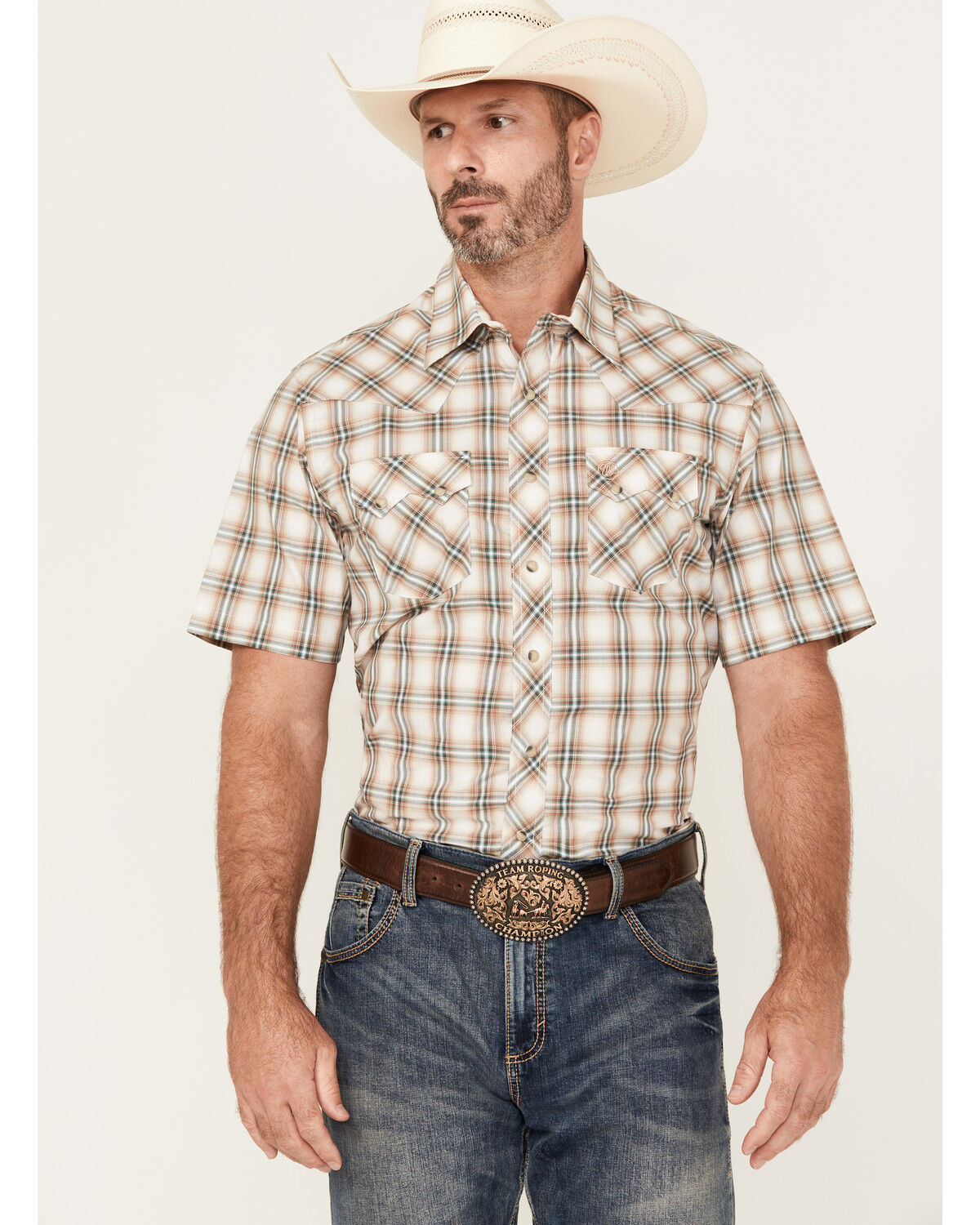 Image #1 - Wrangler Retro Men's Plaid Print Short Sleeve Snap Western Shirt, Brown, hi-res