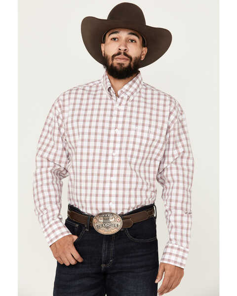 George Strait by Wrangler Men's Checkered Print Long Sleeve Button-Down Shirt, White, hi-res