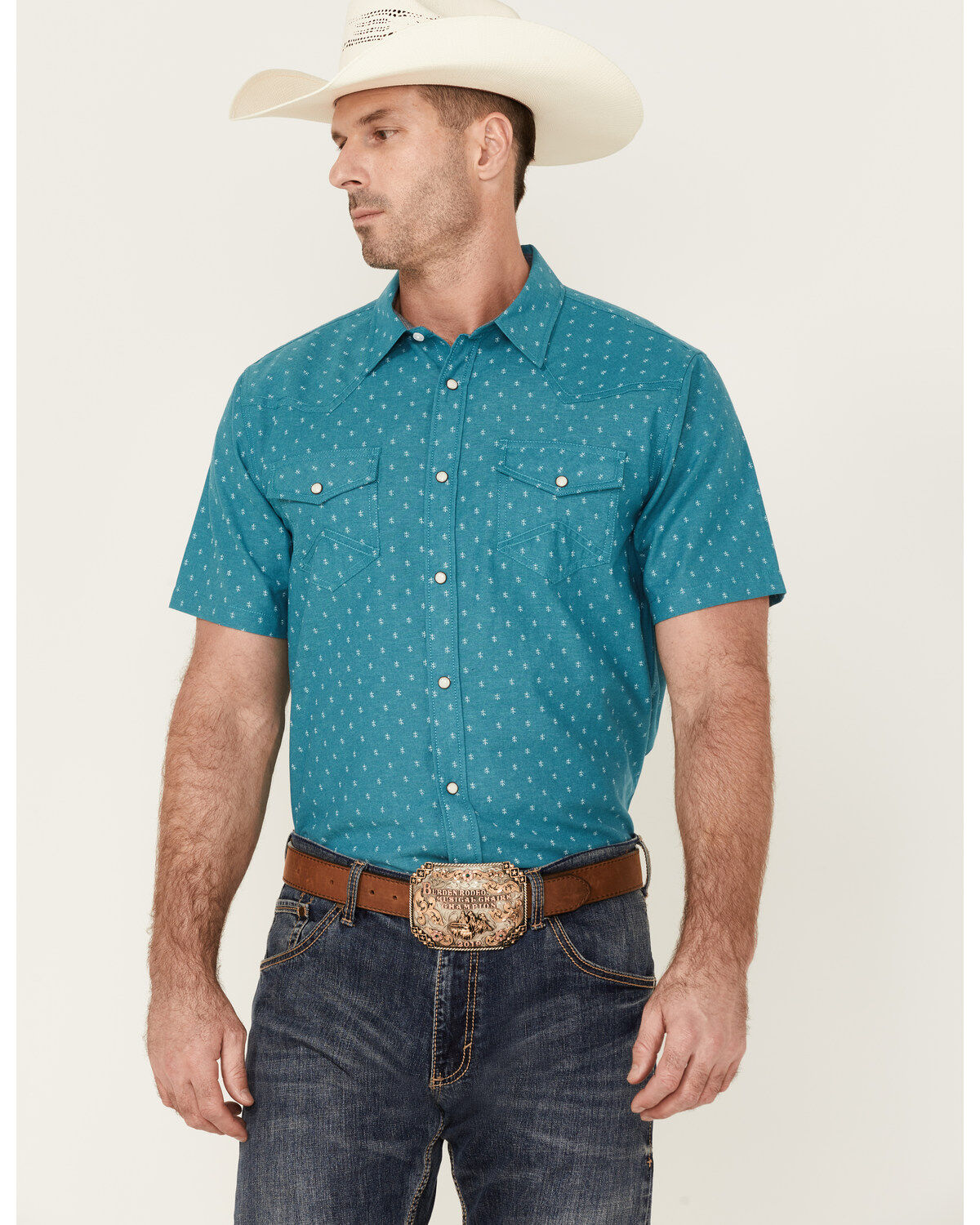Image #2 - Cody James Men's Field Day Chambray Geo Print Short Sleeve Snap Western Shirt, Blue, hi-res