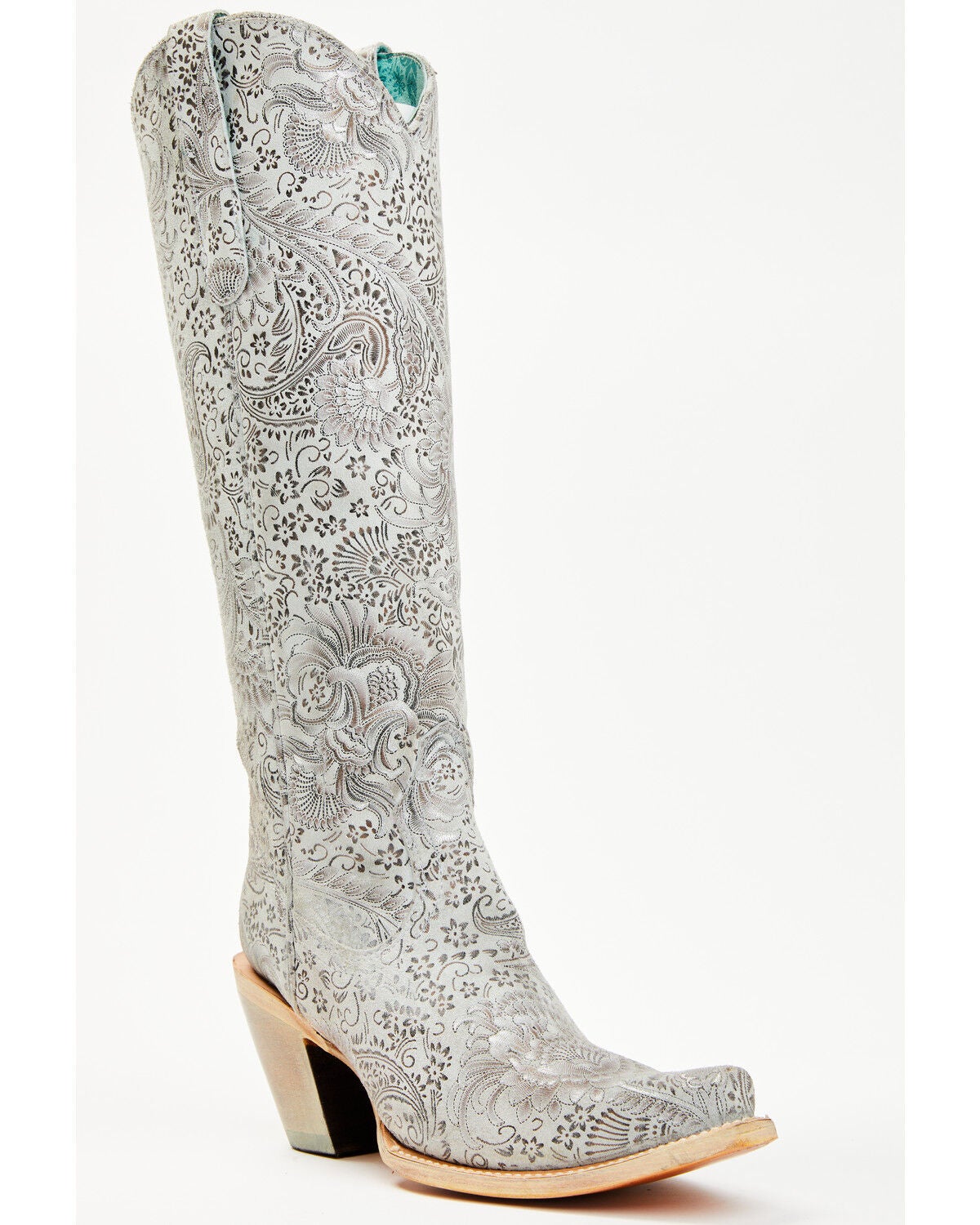 Corral Women's Floral Embroidered Tall Western Boots - Snip Toe, Silver, hi-res