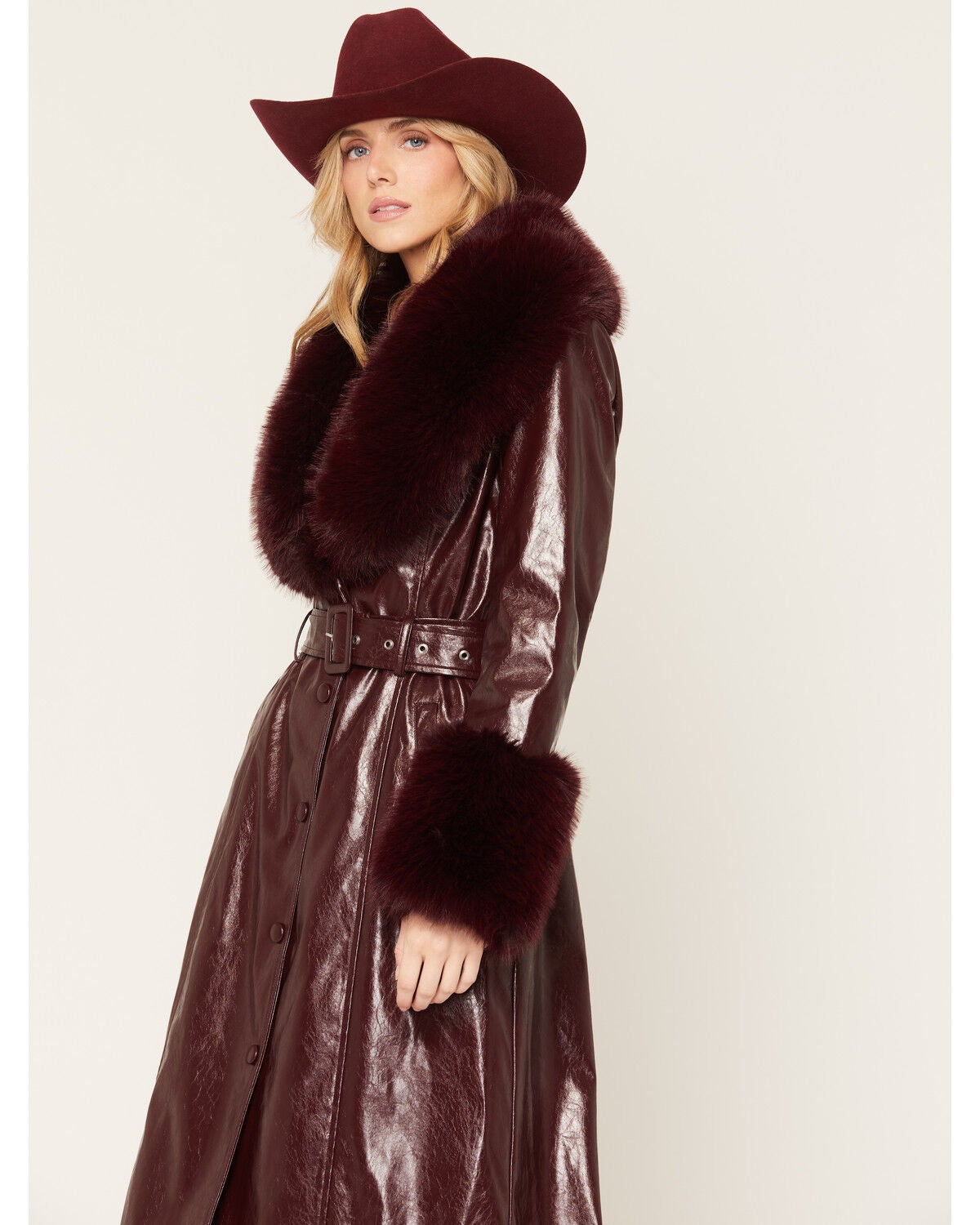 Image #2 - Azalea Wang Women's Kaya Faux Fur Crinkle Coat, Burgundy, hi-res