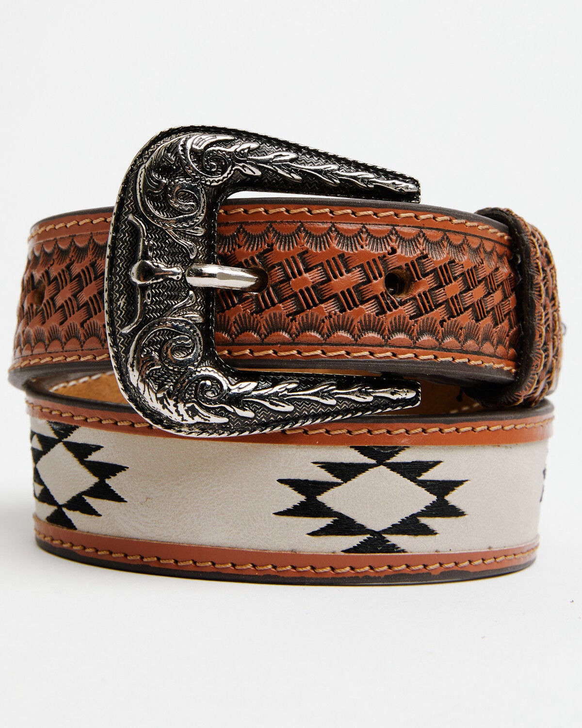 Image #1 - Roper Kids' Long Horn Southwestern Basket Weave Belt, Brown, hi-res