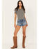 Image #1 - Shyanne Women's Medium Wash Mid Rise Embellished Stretch Denim Shorts, Dark Medium Wash, hi-res