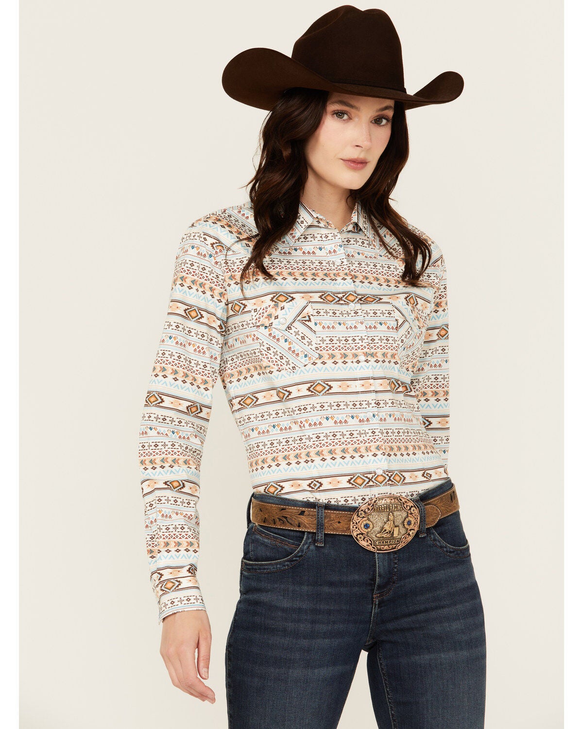 Rough Stock by Panhandle Women's Southwestern Striped Long Sleeve Pearl Snap Stretch Western Shirt, Cream, hi-res