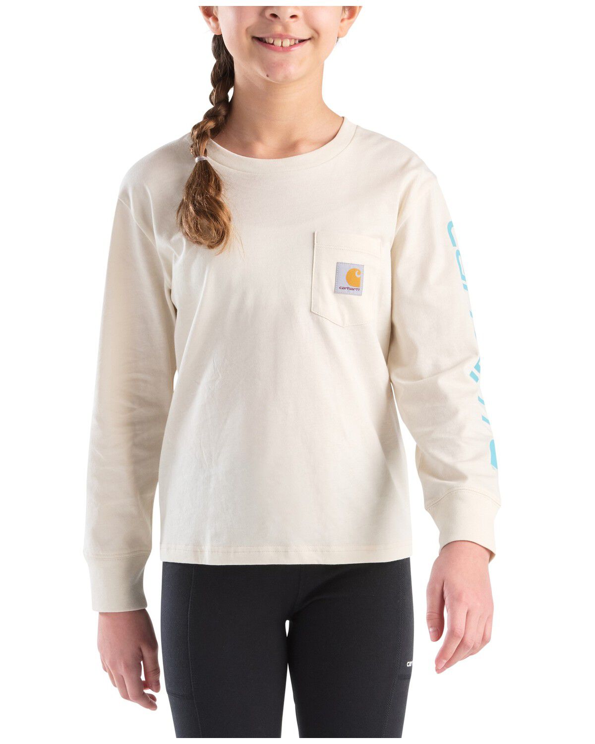 Image #1 - Carhartt Girls' Logo Pocket Long Sleeve T-Shirt, Off White, hi-res