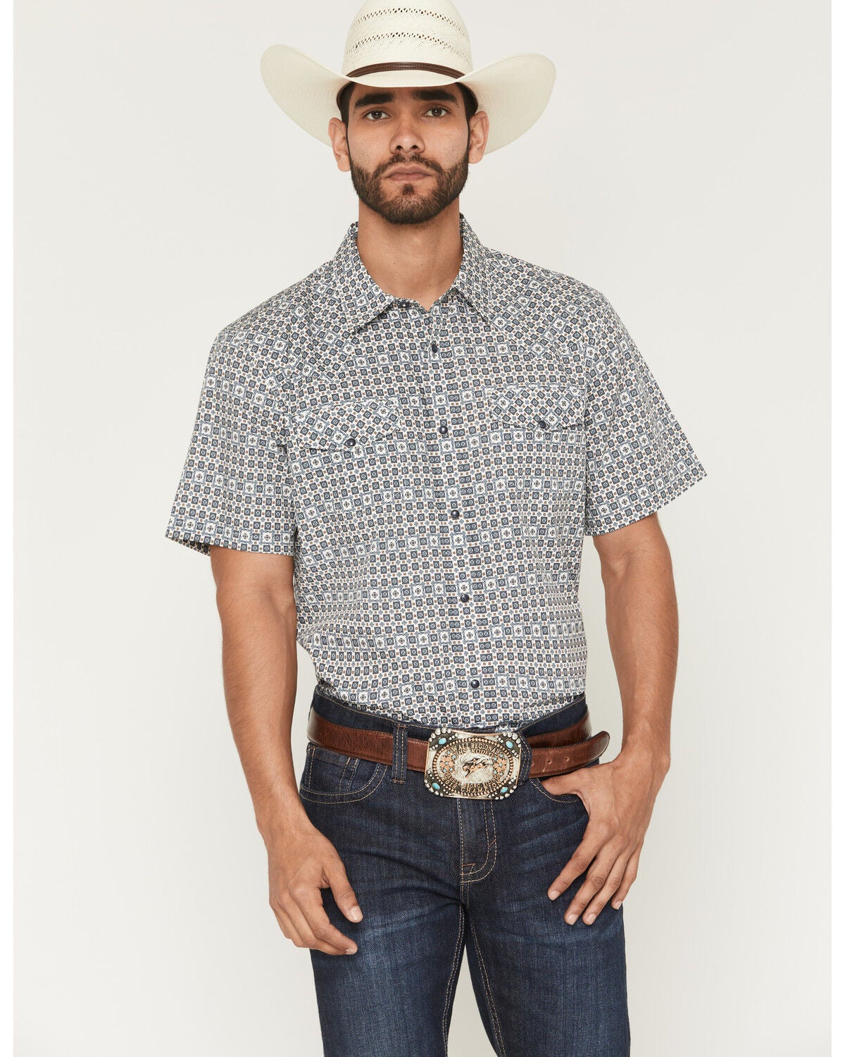 Gibson Trading Co Men's haven Geo Print Short Sleeve Snap Western Shirt - Tall, Light Blue, hi-res
