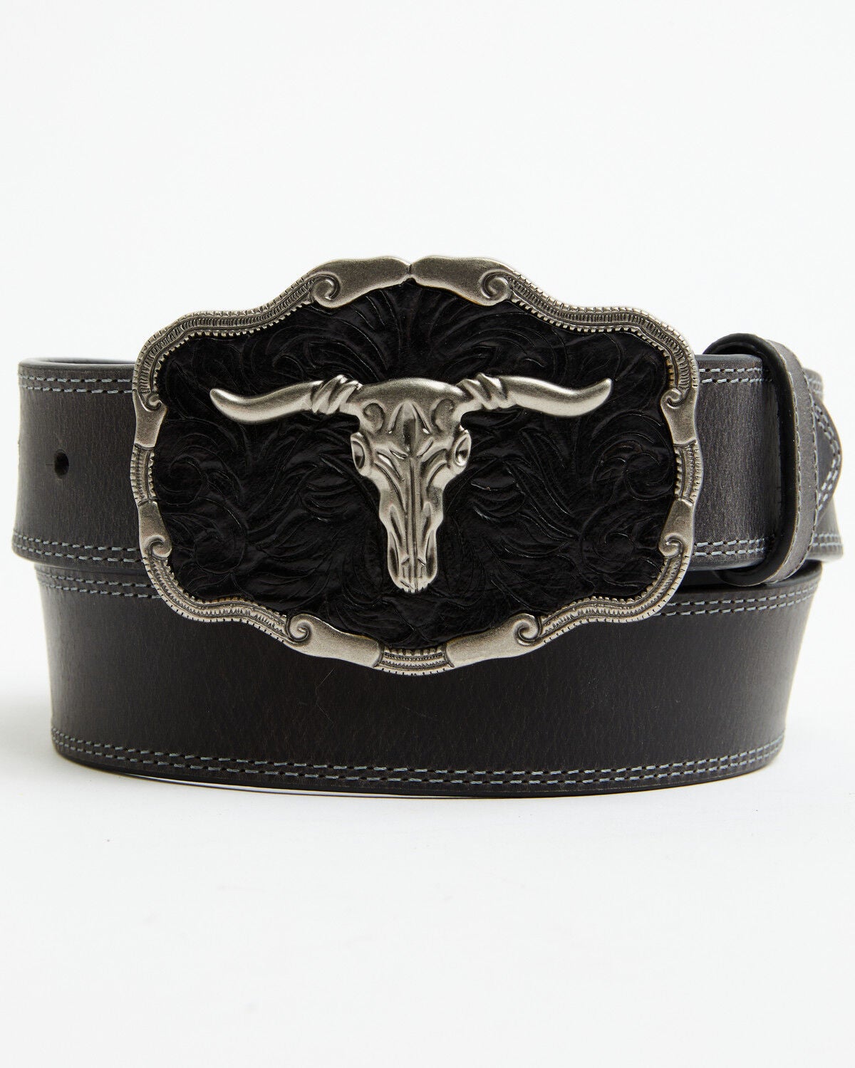 Cody James Men's Long Horn Skull Buckle Belt, Black, hi-res