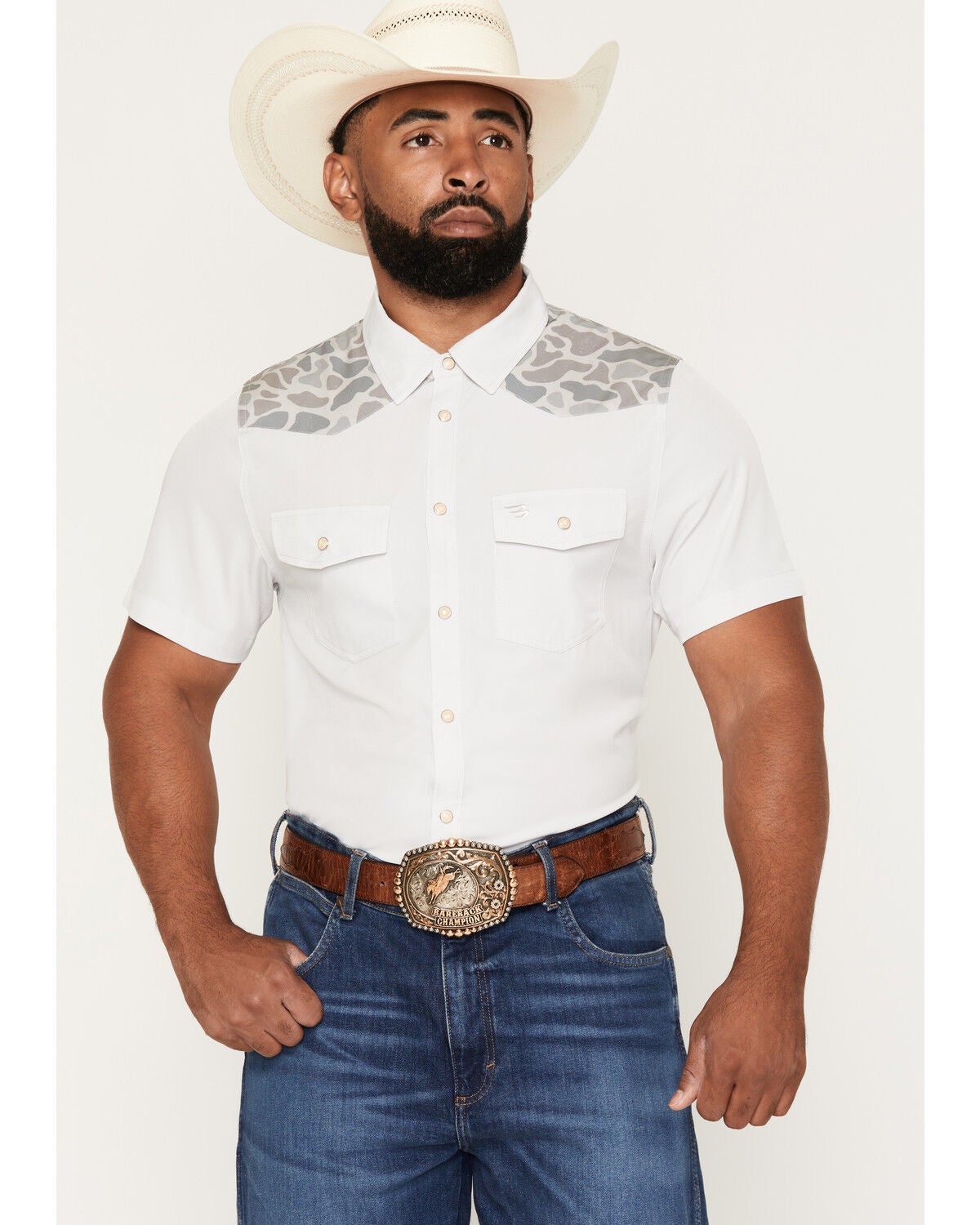 Image #1 - Burlebo Men's Camo Color Block Short Sleeve Snap Performance Western Shirt, Grey, hi-res