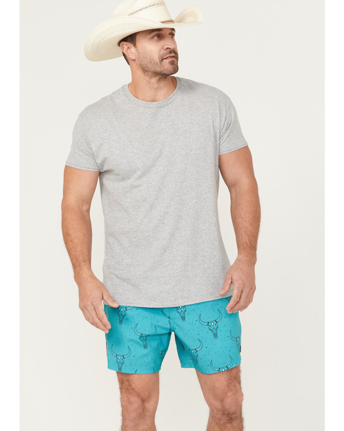 Rock & Roll Denim Men's Caribbean Long Horn Stretch Volley Shorts, Turquoise, hi-res