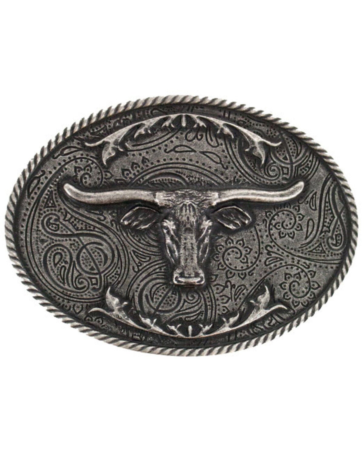 Cody James&reg; Longhorn Antiqued Silver-Tone Oval Belt Buckle, Silver, hi-res