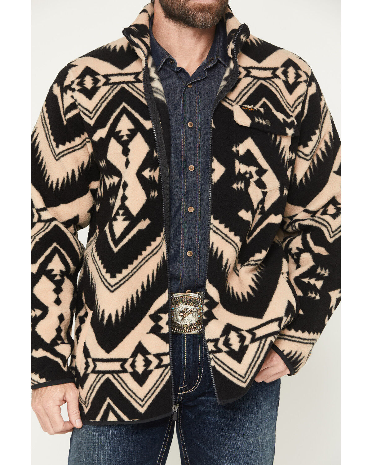 Image #3 - Wrangler Men's Lightweight Full Zip Southwestern Print Sherpa Jacket, Black, hi-res