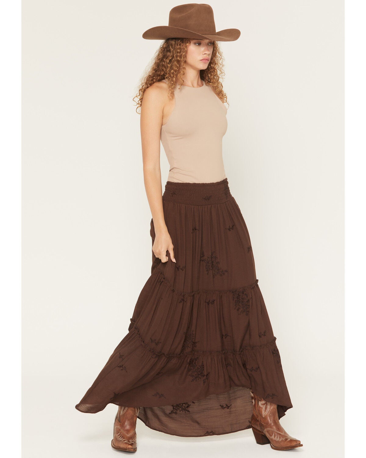 Wild Moss Women's Embroidered Ruffle Midi Skirt, Brown, hi-res