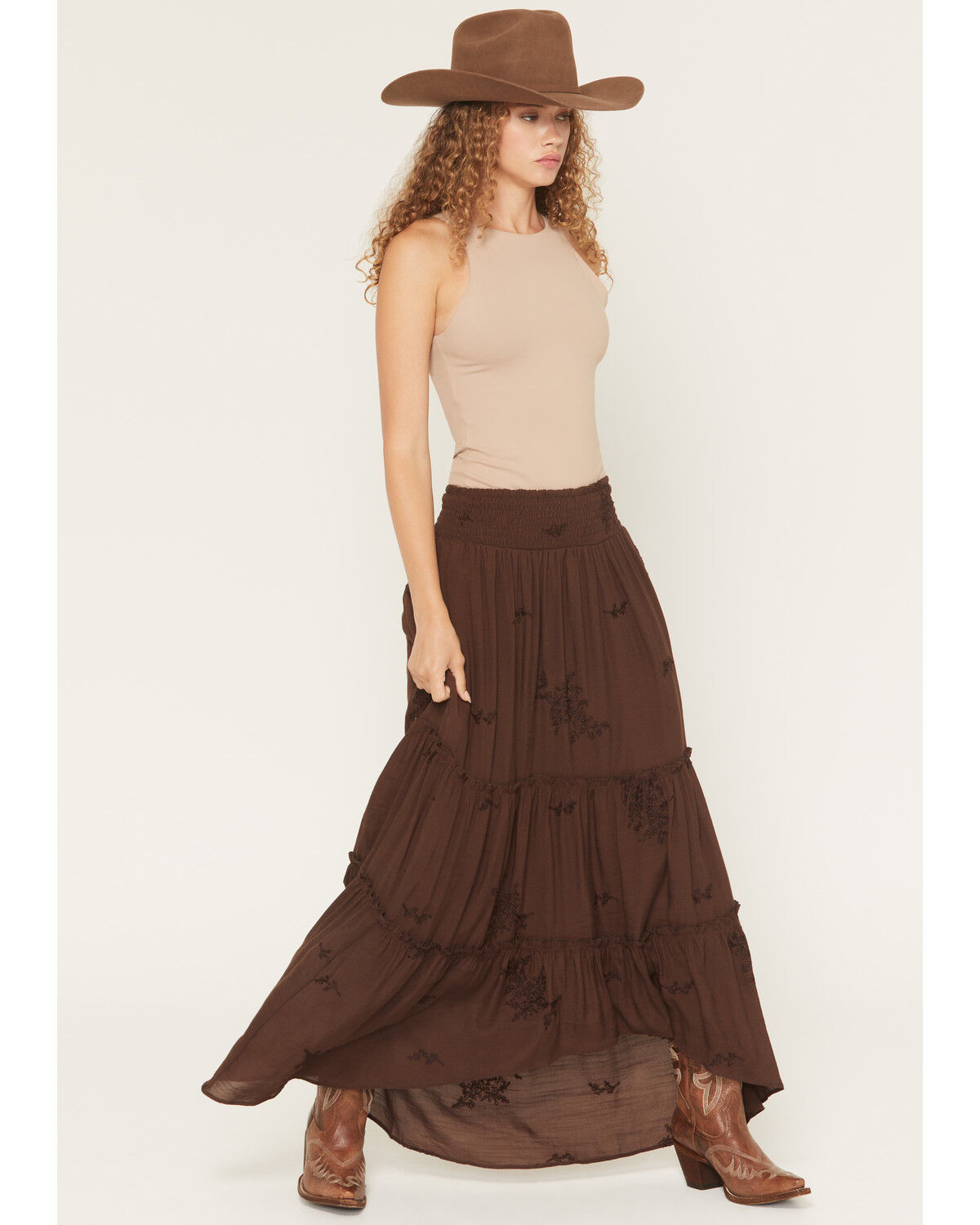 Image #1 - Wild Moss Women's Embroidered Ruffle Midi Skirt, Brown, hi-res
