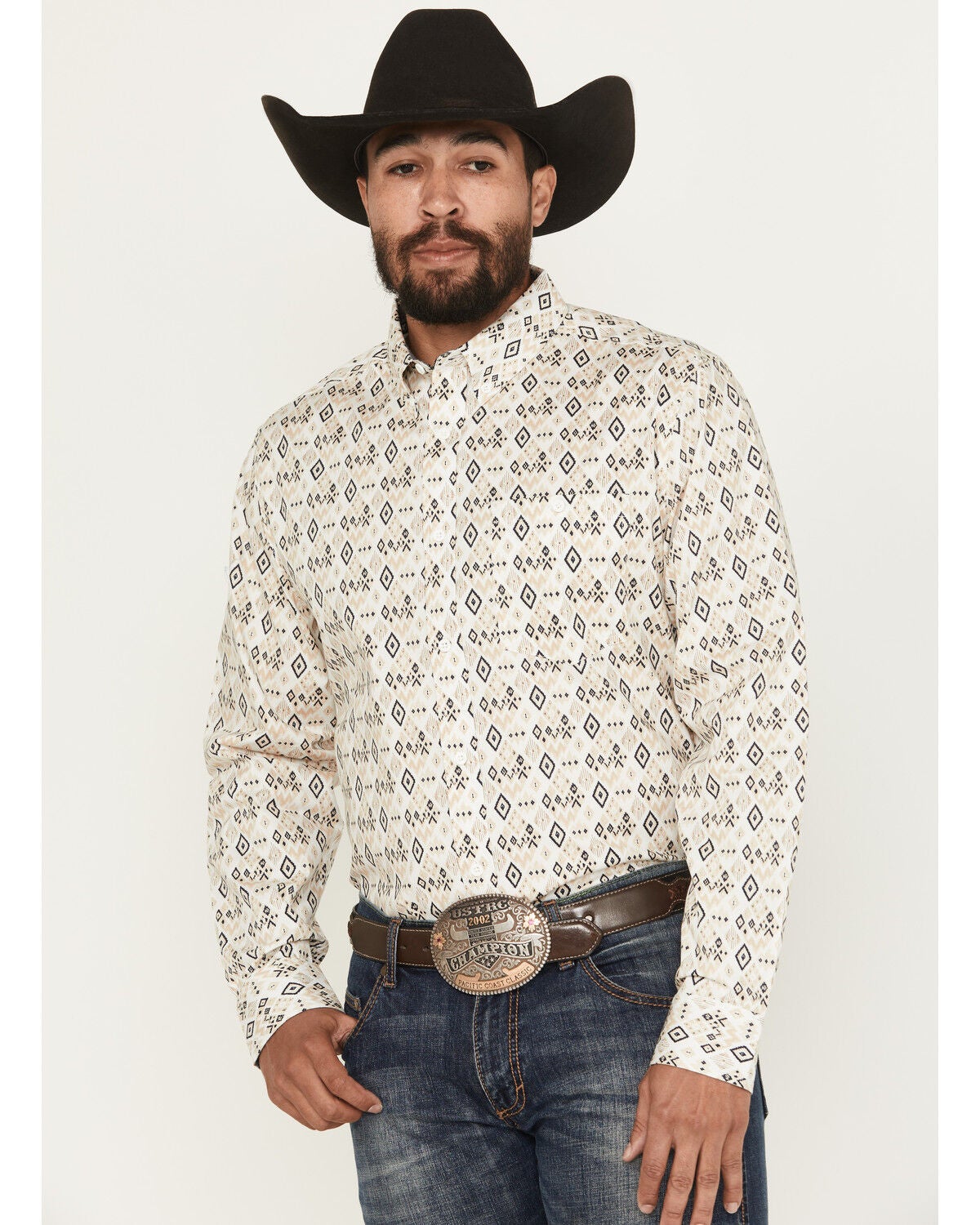 RANK 45&reg; Men's Centralia Medal Geo Print Long Sleeve Button-Down Stretch Western Shirt, White, hi-res