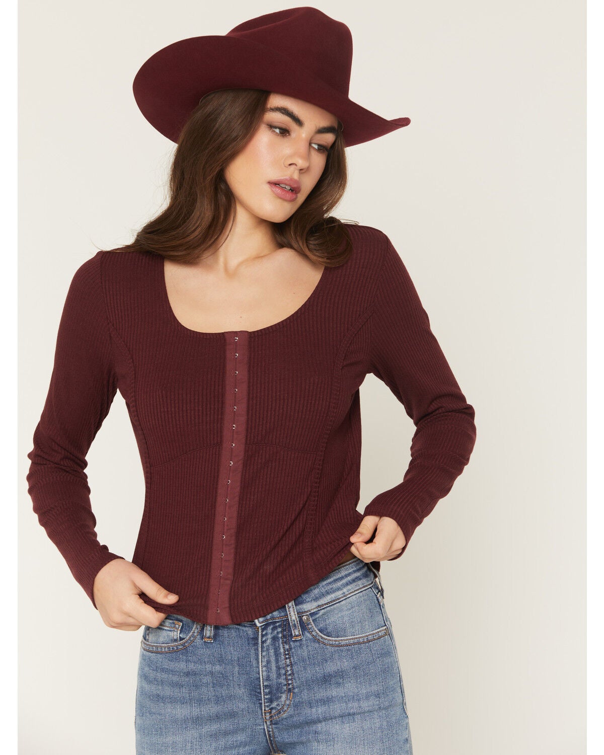 Shyanne Women's Maddox Solid Rib Knit Long Sleeve Shirt, Brick Red, hi-res