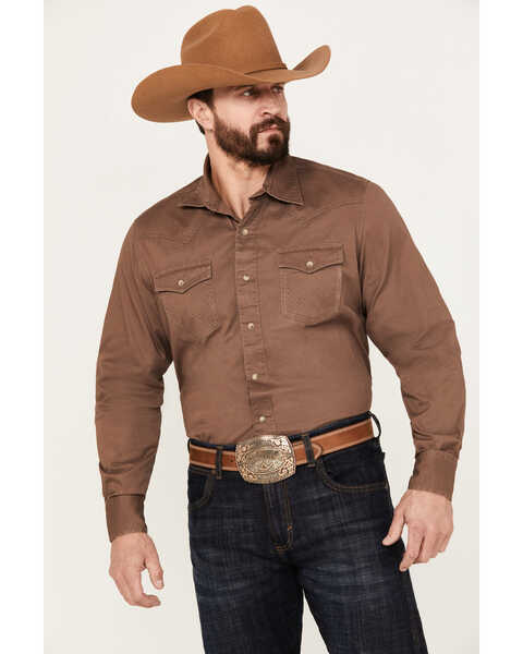 Wrangler Retro Men's Premium Solid Long Sleeve Snap Western Shirt, Brown, hi-res