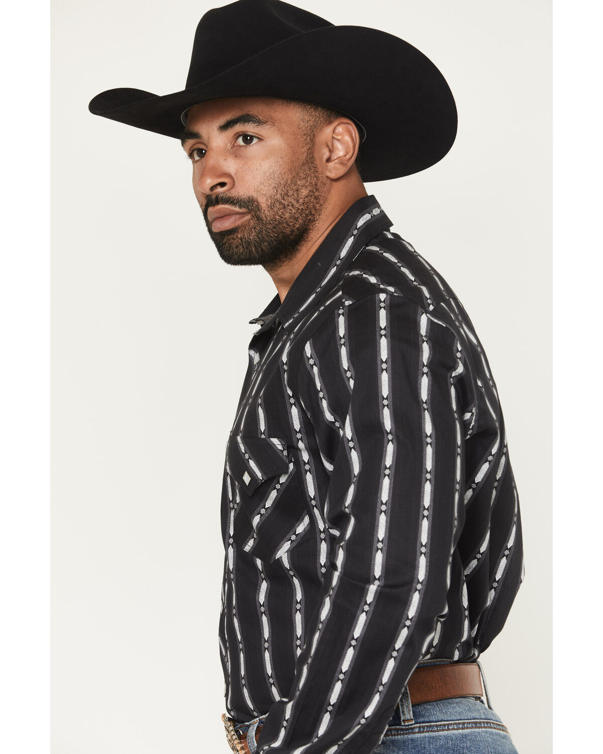 Image #2 - Rock & Roll Denim Men's Striped Print Long Sleeve Snap Stretch Western Shirt, Black, hi-res