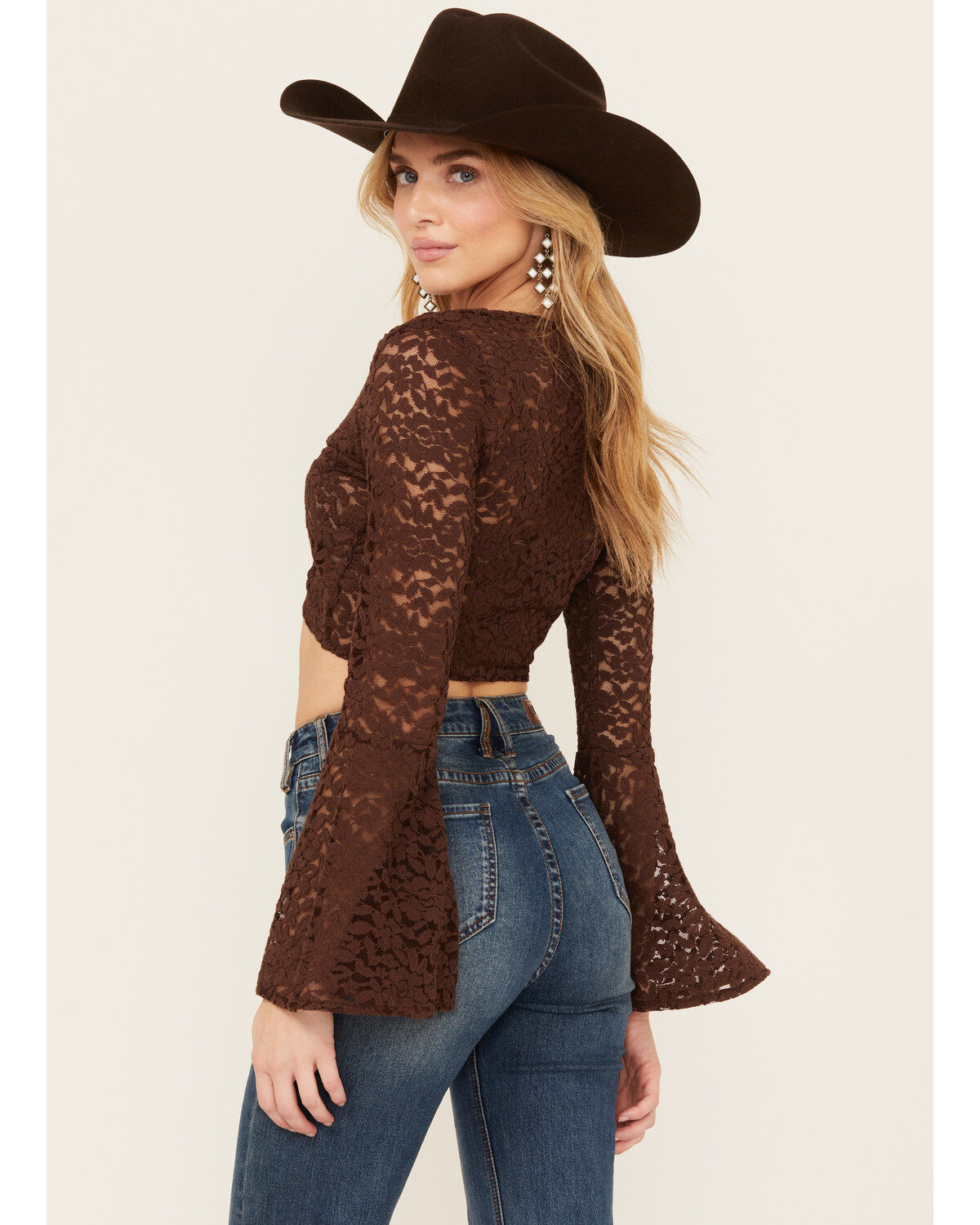 Image #4 - Shyanne Women's Lace Tie Front Bell Sleeve Top, Dark Brown, hi-res